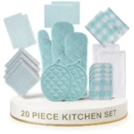 Lane Linen Kitchen Towels And Dishcloths Sets - 20Pc Kitchen Towel Set, 500 Degree Heat Resistant Oven Mitts & Pot Holder, Reusable Dish Cloths For Washing Dishes, Absorbent Kitchen Hand Towels - Aqua