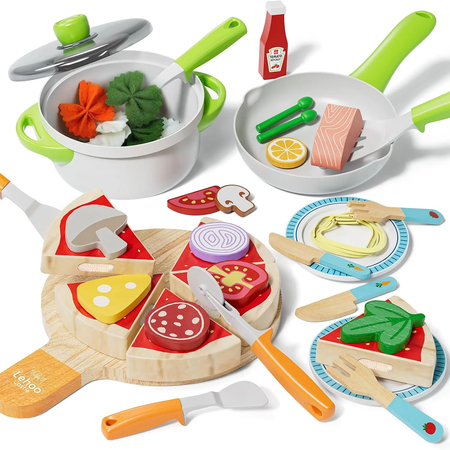 Lehoo Castle Wooden Pizza And Pasta Toy Kitchen Accessories 3 Year Old Toys