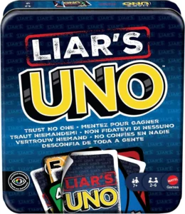 Mattel Games Liar S Uno Card Game In Storage Tin Ages 7 2 6 Players