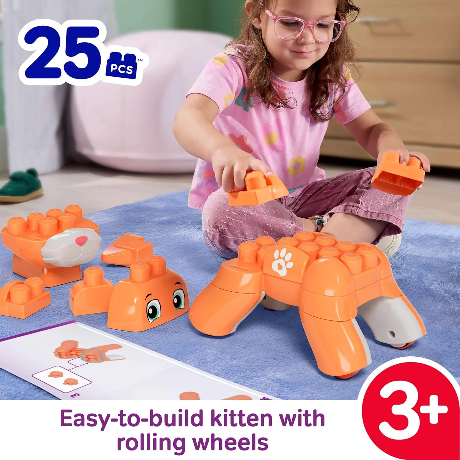 Mega Bloks Fisher Price 3 In 1 Rolling Kitten Building Block Toy