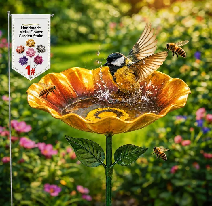 Metal Flower Garden Stakes Bird Bath Handmade Flower Bird Feeder Bees Bath For G