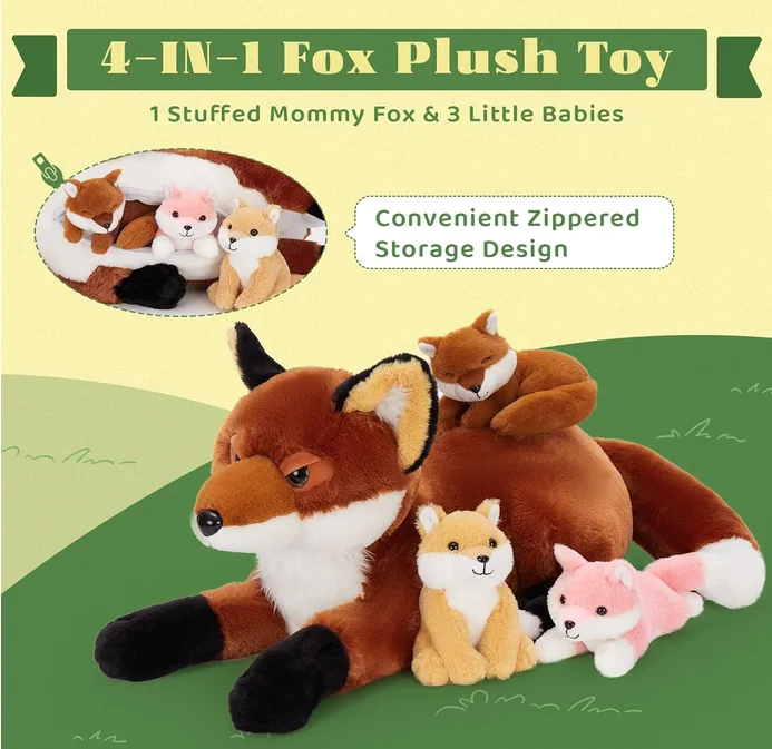 Morismos Giant Fox Teddy Stuffed Animal 55cm Brown Mom With 3 Cuddly Babies Insi