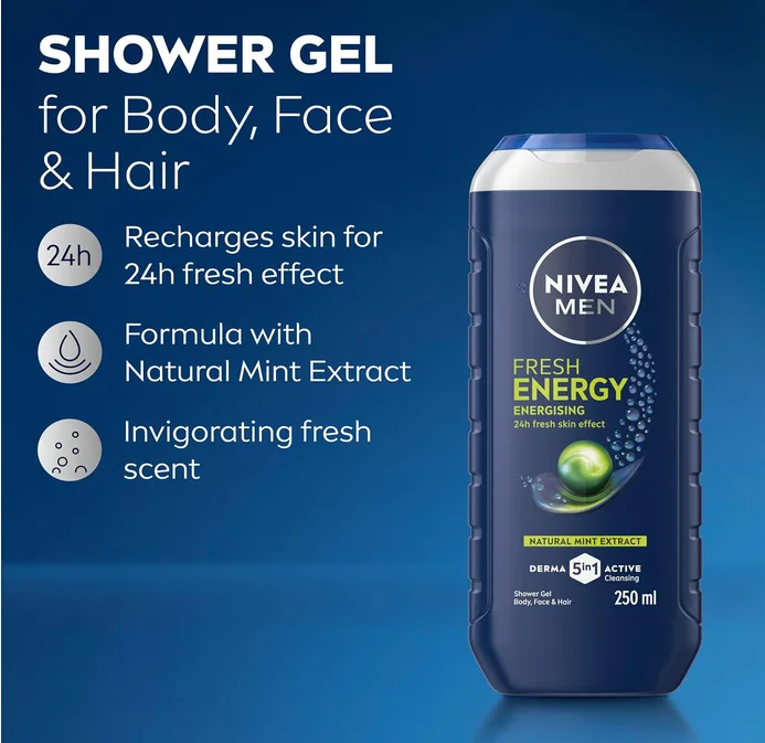 Nivea Men Fresh Energy Energising Shower Gel 3 In 1 6 X 250 Ml