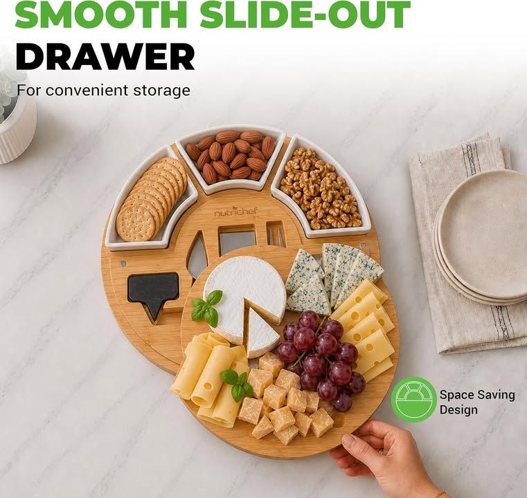 Nutrichef Bamboo Cheese Board And Knife Set Charcuterie Boards Swiveling Serving