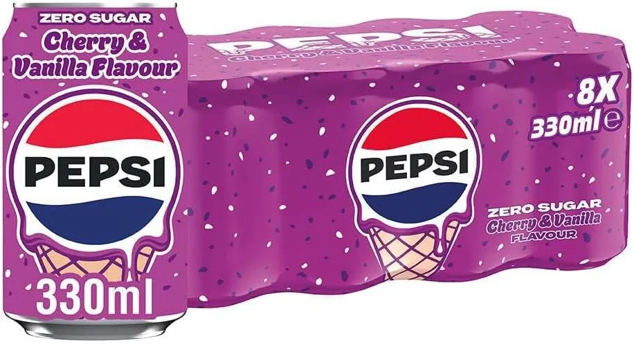 Pepsi Zero Sugar Cherry And Vanilla Ice Cream Flavour 330ml Can Pack Of 8