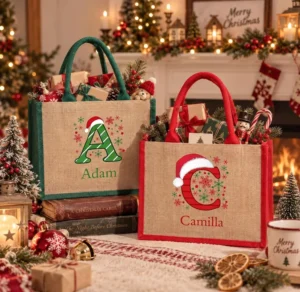 Personalised Christmas Gift Bag With Name Custom Christmas Tote Bag In Red Green