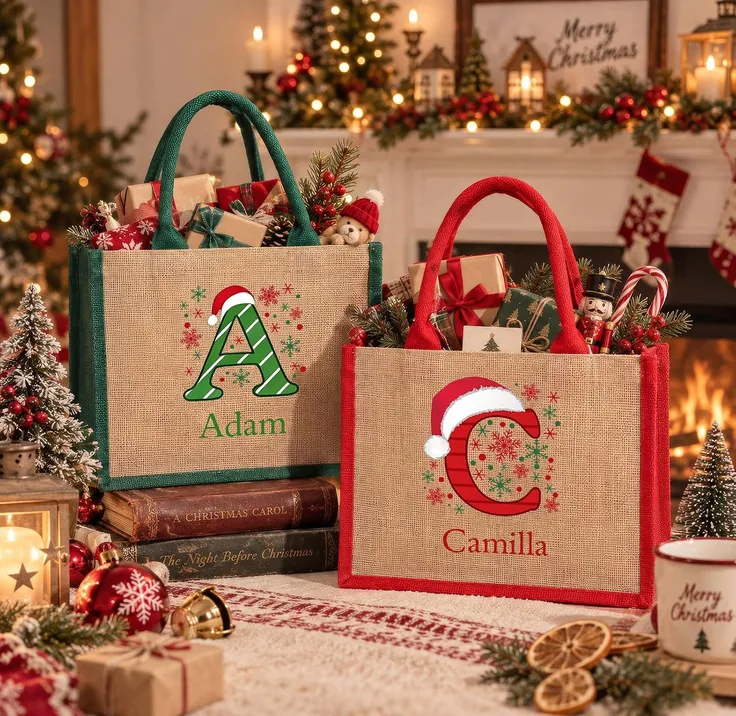 Personalised Christmas Gift Bag With Name Custom Christmas Tote Bag In Red Green