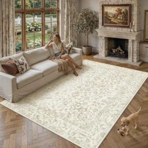 Purecozy Beige Large Rug Living Room 240x300cm Vintage Washable Carpet