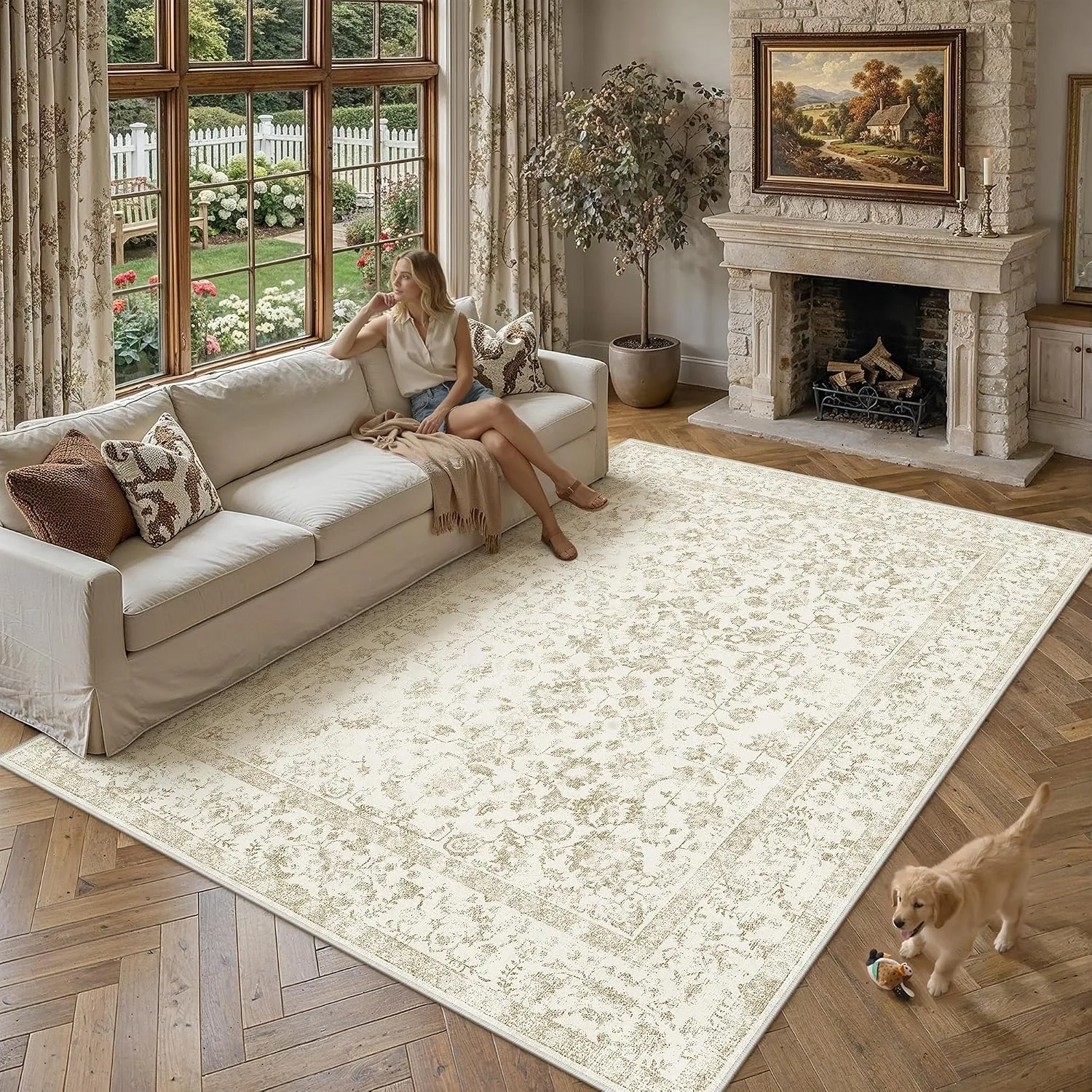 Purecozy Beige Large Rug Living Room 240x300cm Vintage Washable Carpet