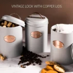 Retro Round Tea, Sugar, Coffee Canisters 3pc Set with Lids. Decorative Kitchen Food Storage Tin for your favorite Tea bags, Sugar cubes and Coffee beans or powder.