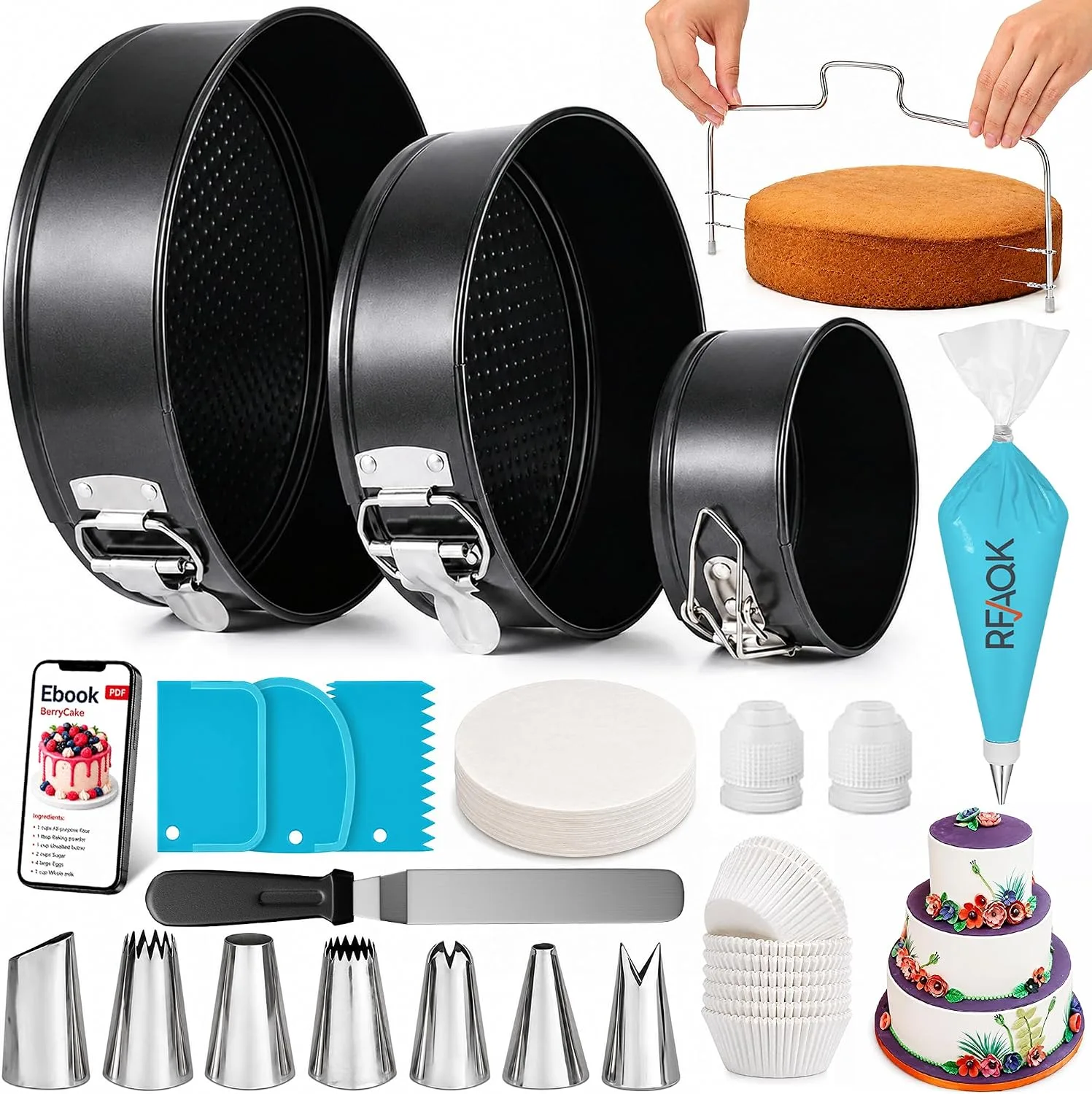 Rfaqk Cake Tins For Baking 100 PCs Springform Cake Tins Kit Includes 3 Round Non