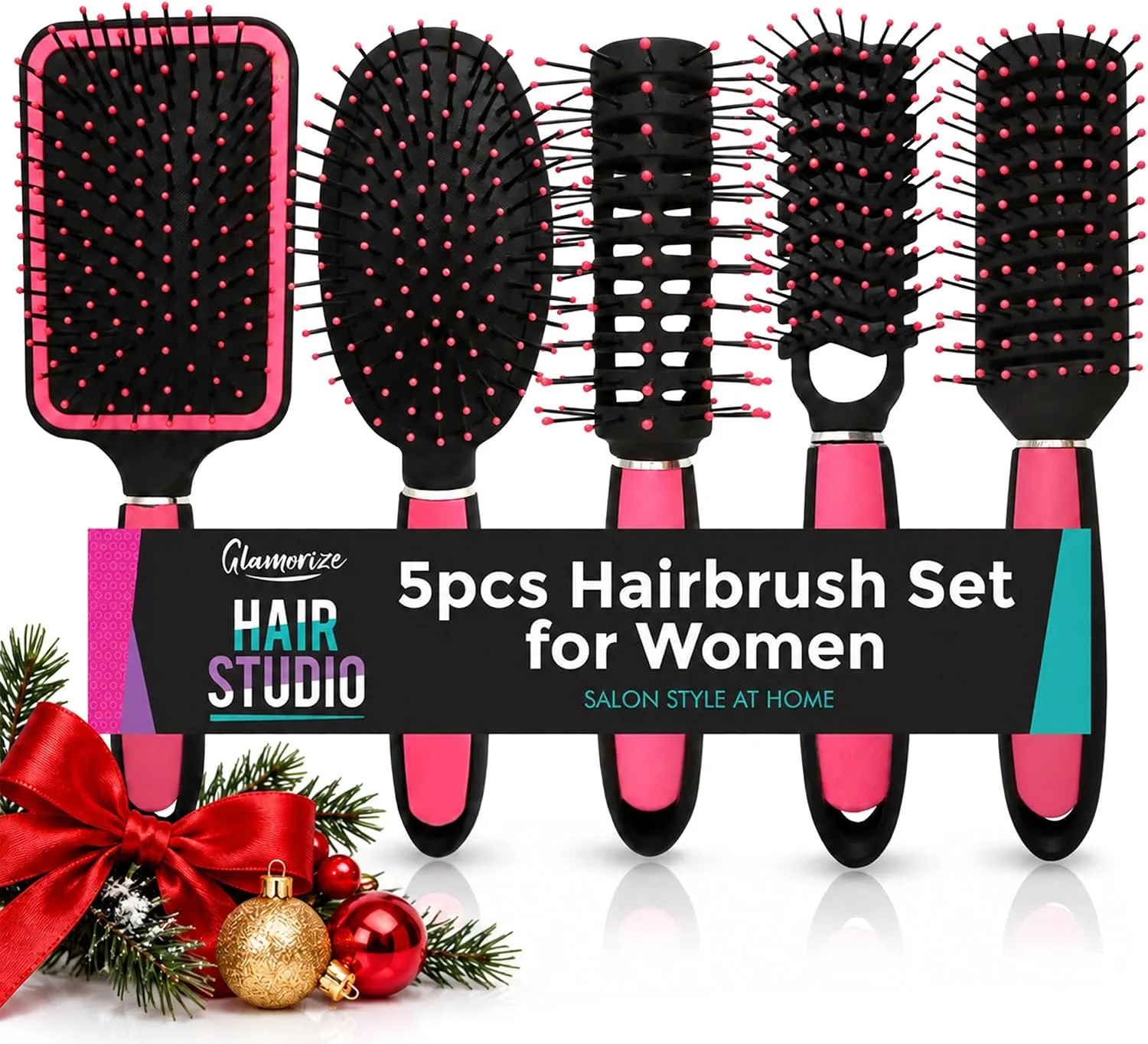 Sol 5pk Hair Brush Set Paddle Cushion Zigzag Round And Vented Brushes