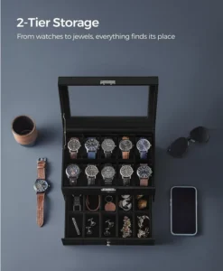 Songmics Watch Box 2 Tier Display Case With Glass Lid For 20 Watches