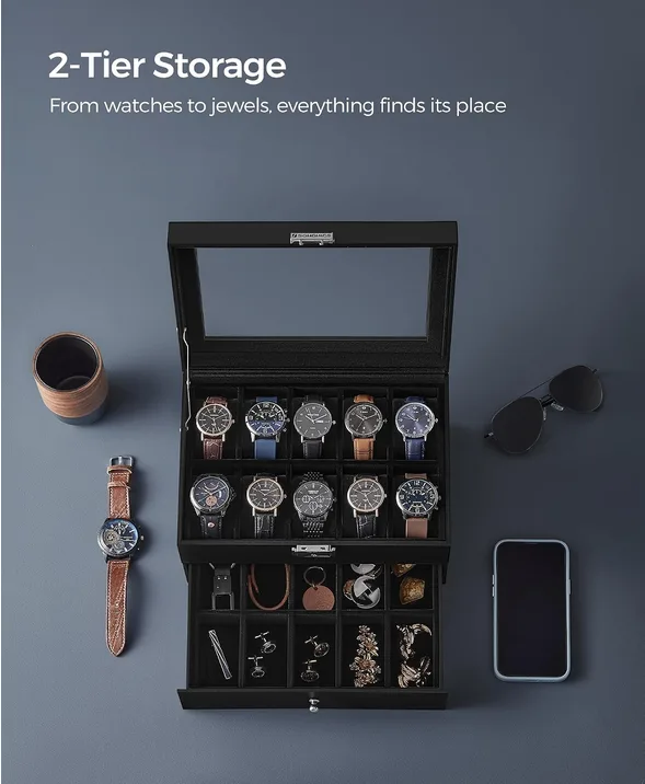 Songmics Watch Box 2 Tier Display Case With Glass Lid For 20 Watches