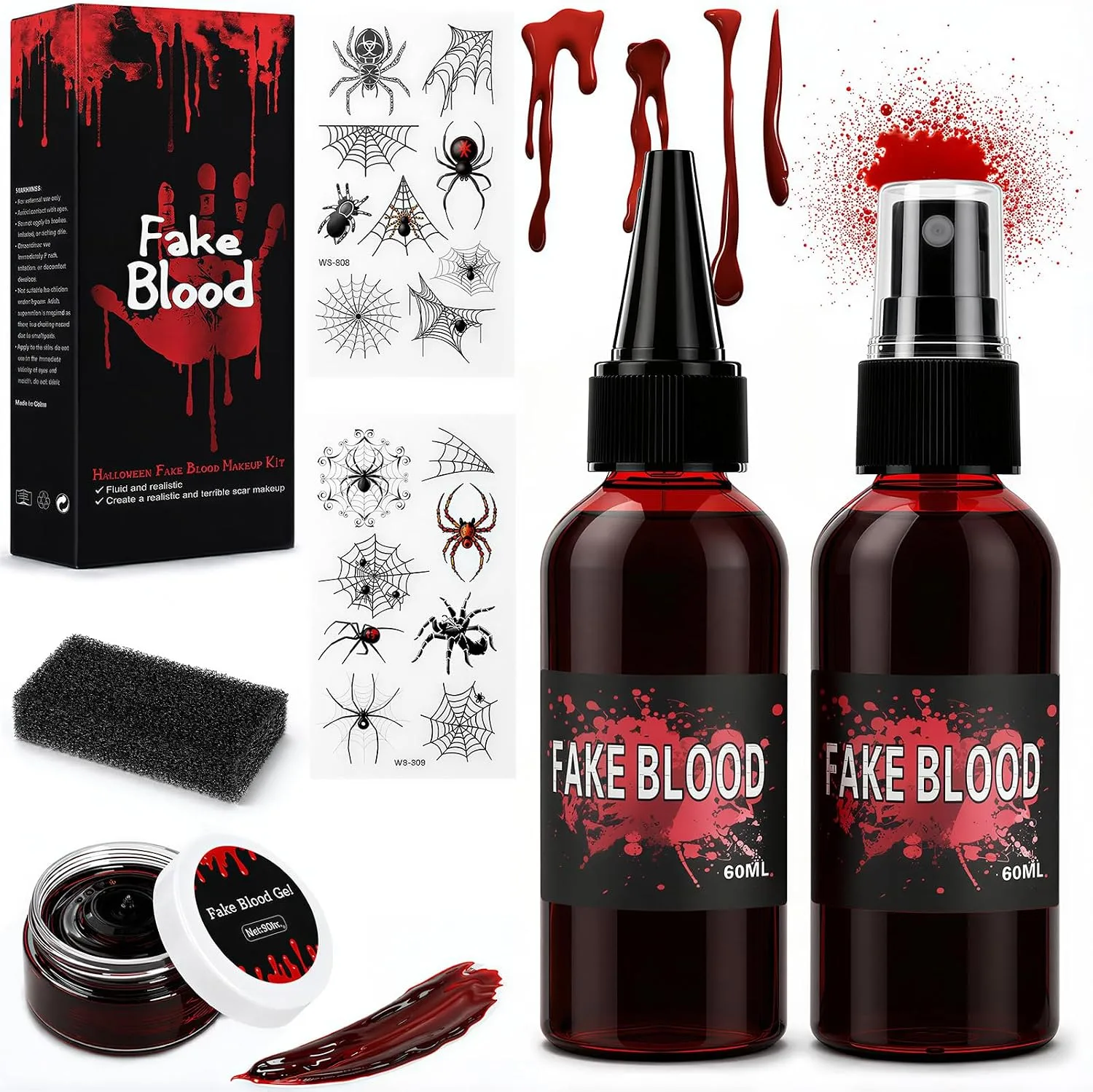 Superfa 5 PCs Halloween Fake Blood Spray And Gel Set With Spider Stickers
