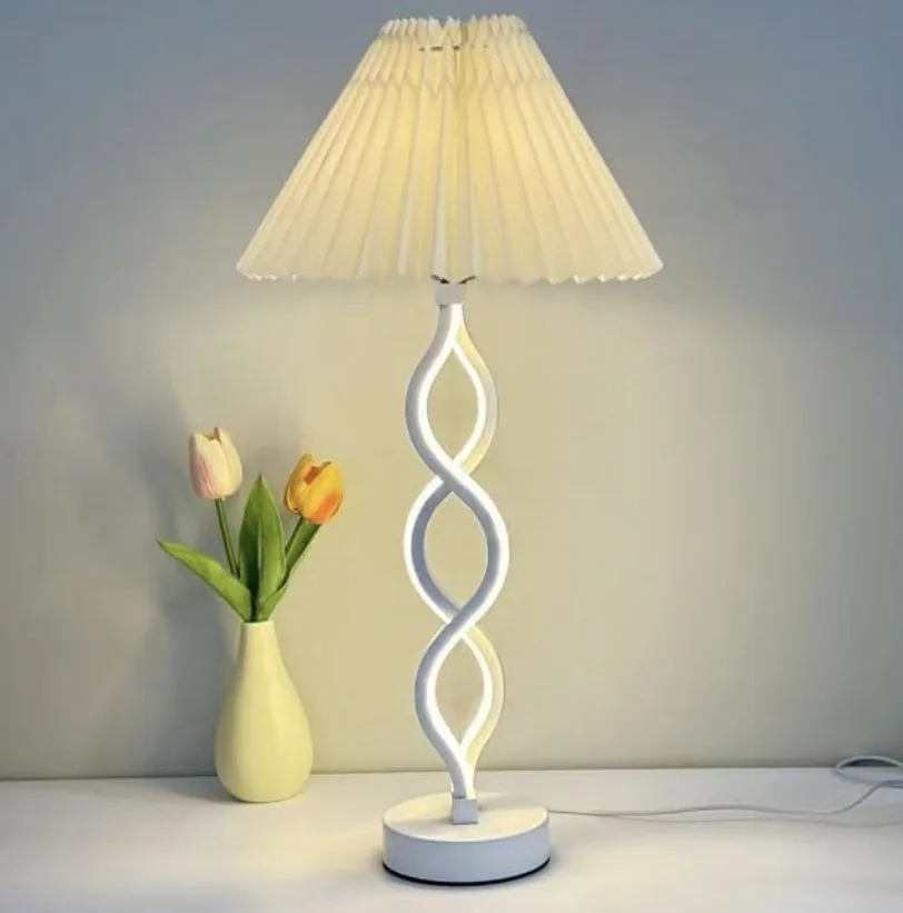 Table Lamp Twisted Spiral White Base With Pleated Fabric Shade Modern Bedside La