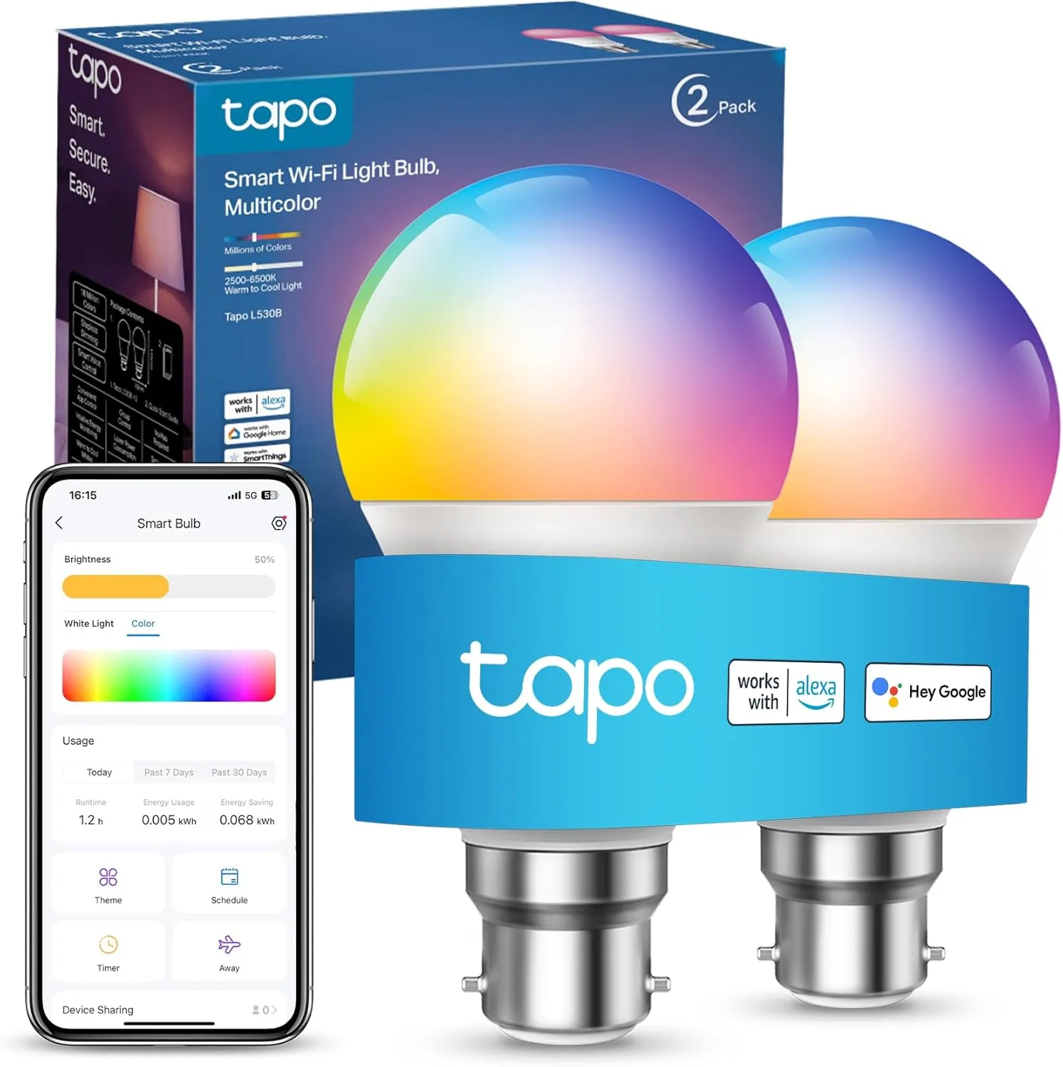 Tapo L530b 2 Pack B22 Smart Bulb Multicolour Dimmable Led Light Bulb