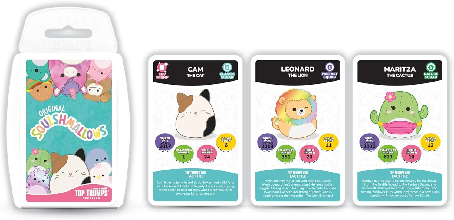 Top Trumps Squishmallows Specials Card Game Play With Cam The Cat Leonard The Li