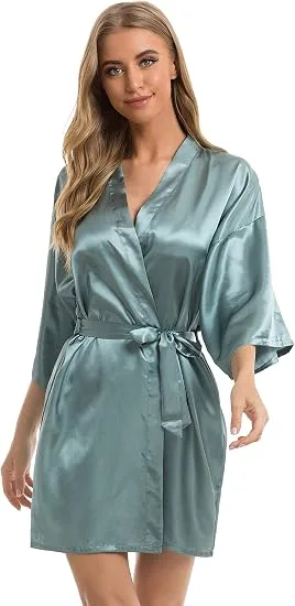 Vlazom Womens Kimono Robes Dressing Gown Satin Bathrobe Nightdress Short Style B