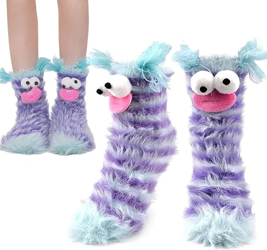 Warm Cute Plush Coral Fluffy Cartoon Monster Socks For Women Funny Sleep Socks F