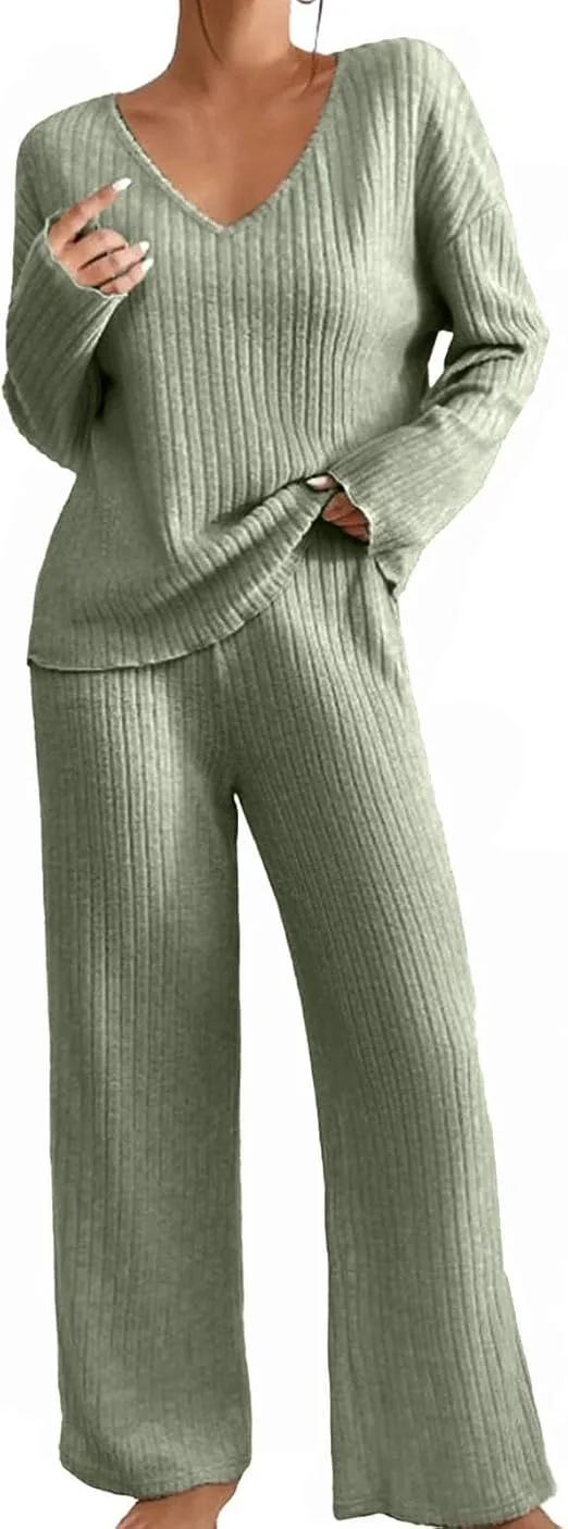 Womens Ribbed Knit Pyjamas Set Nightwear 2 Piece V Neck Pjs
